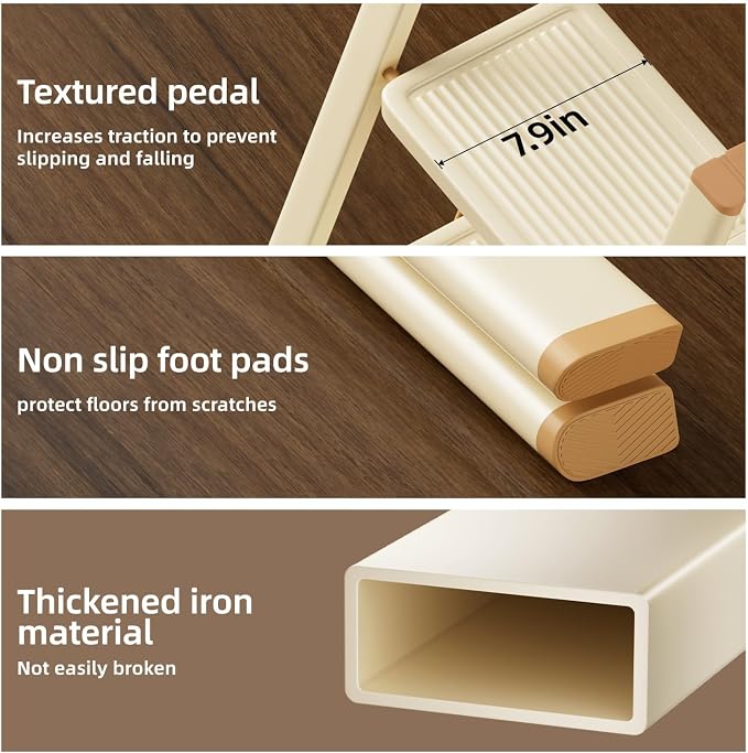3 Step Ladder, Folding Step Stool, Cream Chocolate | Wide Anti-Slip Steps and a Foldable, Space-Saving Design for Adults to Use in Kitchens, Closets, Library,300 lbs