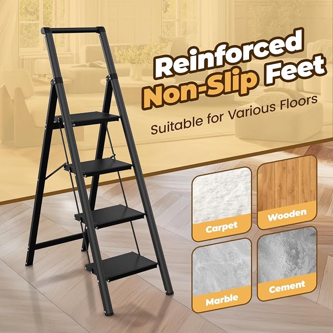 HBTower 4 Step Ladder, Lightweight Aluminum Folding Step Stool | Anti-Slip Wide Pedal, 330lbs Capacity Step Ladder for Household Kitchen Office, Black