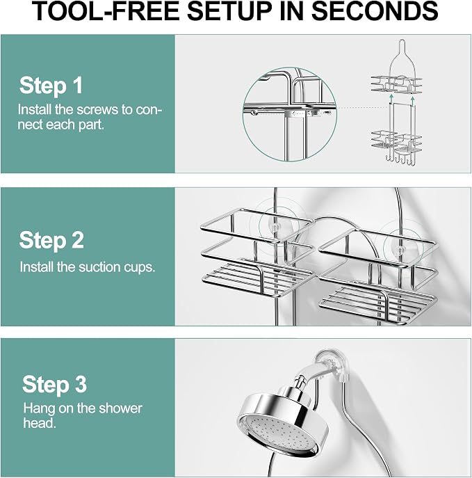 SRIWATANA Shower Caddy Hanging, Shower Organizer with Razor Hooks, Chrome | Rustproof Shower Rack, No Drilling Shelves Over Shower Head, Anti-Swing Scution Install, Bathroom Holder for Sponge Loofah