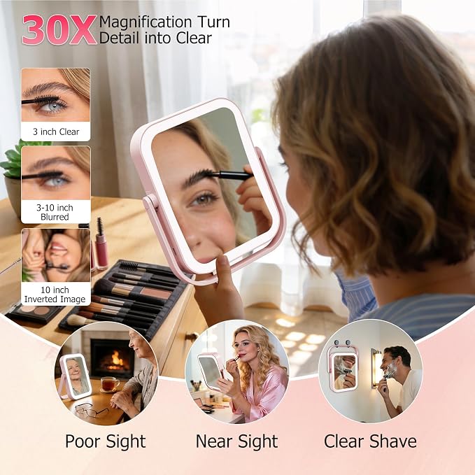 FUNTOUCH 3000mAh Rechargeable Travel Magnifying Mirror with Light, Pink | 2-Sided 30X Magnifying travel makeup mirror with 3-Color Lighting, Dimmable Touch Screen,Compact Vanity Mirror for Women Gift