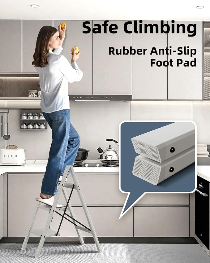 HillhutApex 3 Step Stool Foldable Ladder,Aluminum Step Ladder | Folding Lightweight Stable Stool with Wide Non-Slip Pedals, 330lbs Bearing Capacity Ladder for Office,Home,Kitchen-Grey