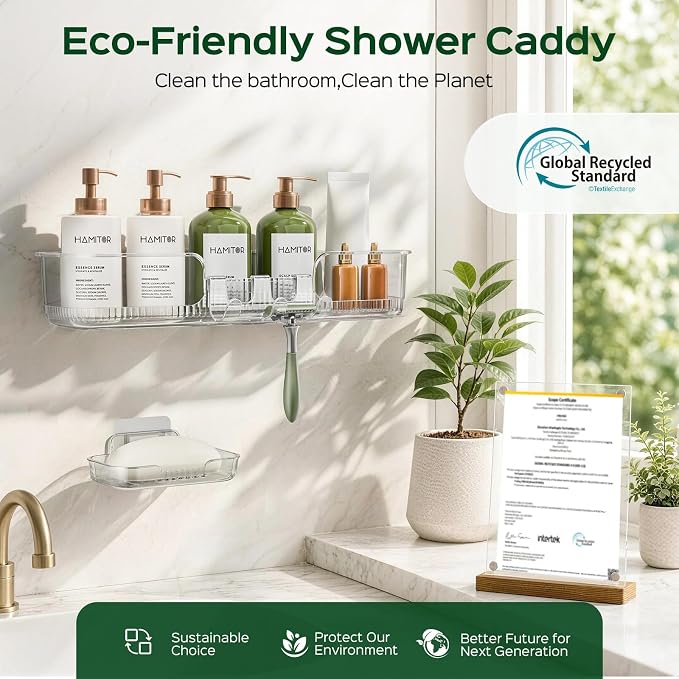 HAMITOR 2 Pack Adhesive Shower Caddy, Clear Transparent Shower Organizer | Modern Clear Design, Waterproof Adhesive Setup, Quick Drainage Shelves, Perfect for Homeowner, Apartments & Stylish Bathrooms