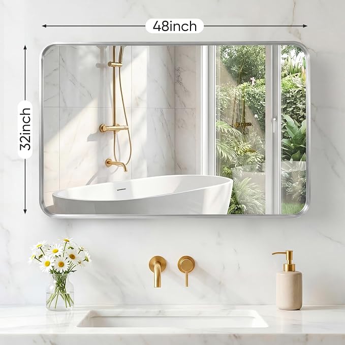 NEWBULIG Bathroom Mirror for Over Sink, 32X48 Inch Wall Vanity Mirror | Wall Mount, Tempered Glass, Anti-Rust Metal Framed, Rounded Rectangle, Farmhouse Home Decor, Silvery