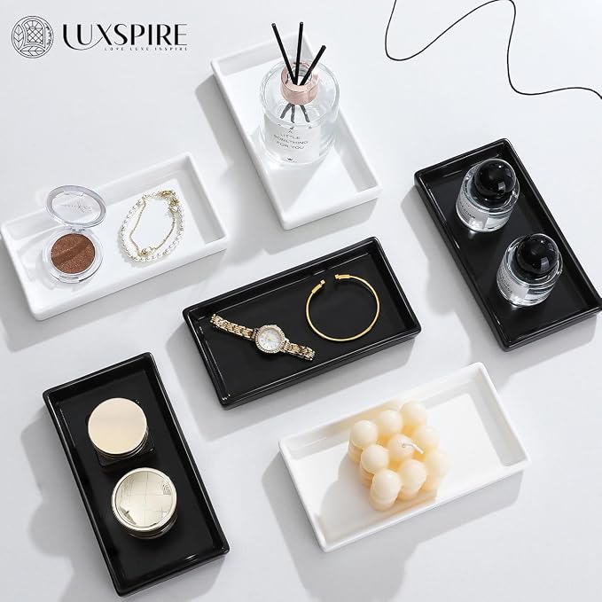 Luxspire Bathroom Vanity Tray Ceramic Perfume and Jewelry Dish, Mini, White | 6.7 x 3.5 inch Smooth matte ceramic, easy clean, anti-slip bottom, organize soap dispenser jewelry candles