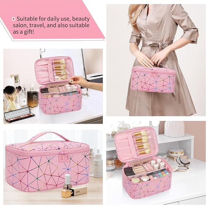 Makeup Bag - Portable Large Capacity Travel Cosmetic Case for Women with Handle and Divider Toiletry Organizer for Girls on the Go -Geometric Pink