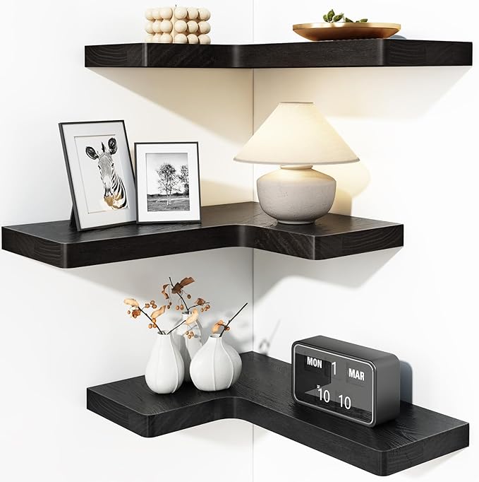 Fixwal Corner Floating Shelves for Wall Mounted Natural Solid Wood 16"x11.4" Farmhouse Home Decor Display Shelving Set of 3 (Black)