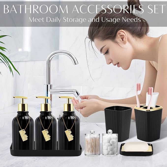 Bathroom Set, Black Bathroom Set Black and Gold Bathroom Accessories Set with Trash Can, 3PCS Soap Dispenser Bathroom Sets