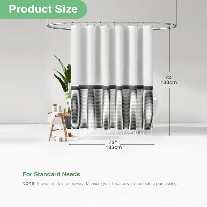 Modern Farmhouse Fabric Shower Curtain Boho Black and White Striped Cloth Bathroom Shower Curtain with Tassels, Hotel Luxury Decorative Shower Curtain Set with 12 Hooks - 72x72