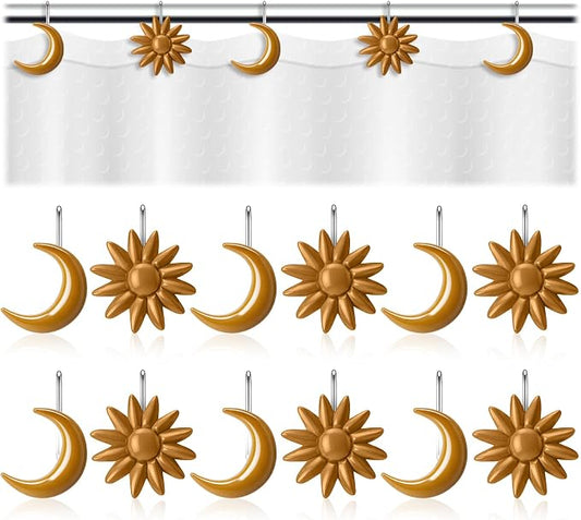 Yaocom 12 Pcs Gold Sun Moon Celestial Shower Curtain Hooks Rustproof | Boho Decorative Shower Hangers Bulk Vintage Glide Curtain Rings for Bathroom Bedroom Living Room Minimalist Decor