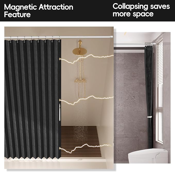 AJAZZ Magnetic Folding Shower Curtains Fabric Polyester Material Waterproof Shower Curtain Suitable for Family Hotel Homestay (Black,77" W x 72" L) 1 Panel