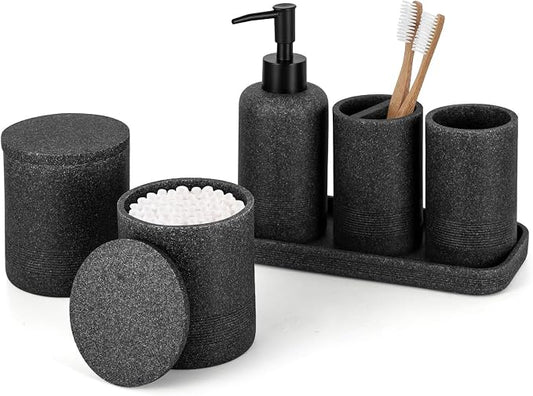 Black Stone Bathroom Accessories Set 6 Pieces - Toothbrush Holder, Lotion Dispenser, Qtip Container, Vanity Tray, Tumbler - Countertop Organizer for Bathrooms - Elegant and Functional Décor Set
