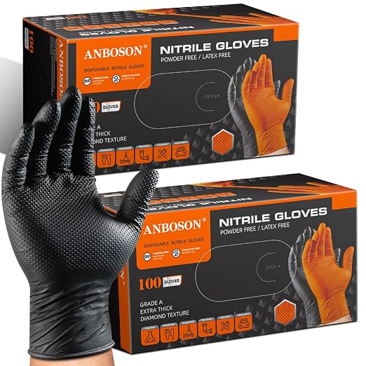 10 Mil Heavy Duty Mechanic Nitrile Gloves, Medium Black 200 Count | Diamond Grip,Latex Free,Chemical Resistant Disposable Thick Rubber Gloves for Auto Repair, Industrial, Food, Work ,BBQ,Men