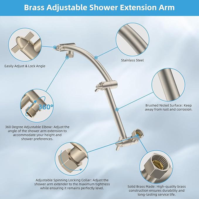 Hibbent 12'' Filtered Rain Shower Head, 16'' Extension Arm, Brushed Nickel | High Pressure Rainfall Showerhead, Brass Adjustable Shower Head Extension Arm, 20 Stage Shower Filter, Fixed Showerheads