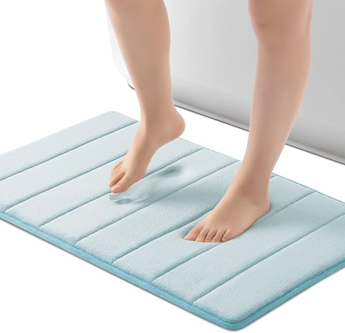 ROSMARUS Memory Foam Bath Mat, 20''x32'', Aqua Blue | Water Absorbent, Ultra Soft, Non Slip, Thick Foam, Bathroom Rugs for Floor & Tub, Machine Washable Care