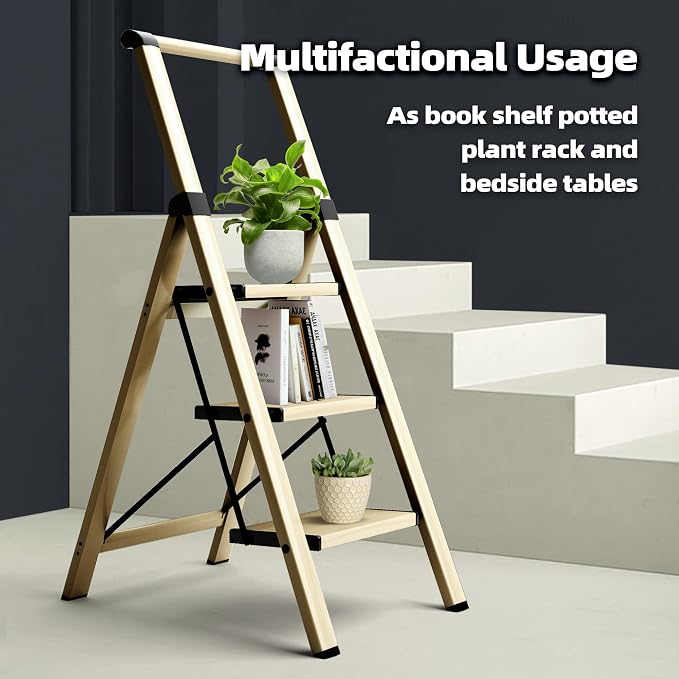 HillhutApex Aluminum 3 Step Ladder, Step Stool Foldable Ladder(Gold) | Stepladder with Handgrip,Anti-Slip Pedals,330lbs Capacity,Lightweight Folding Ladder for Home,Office,Libaray