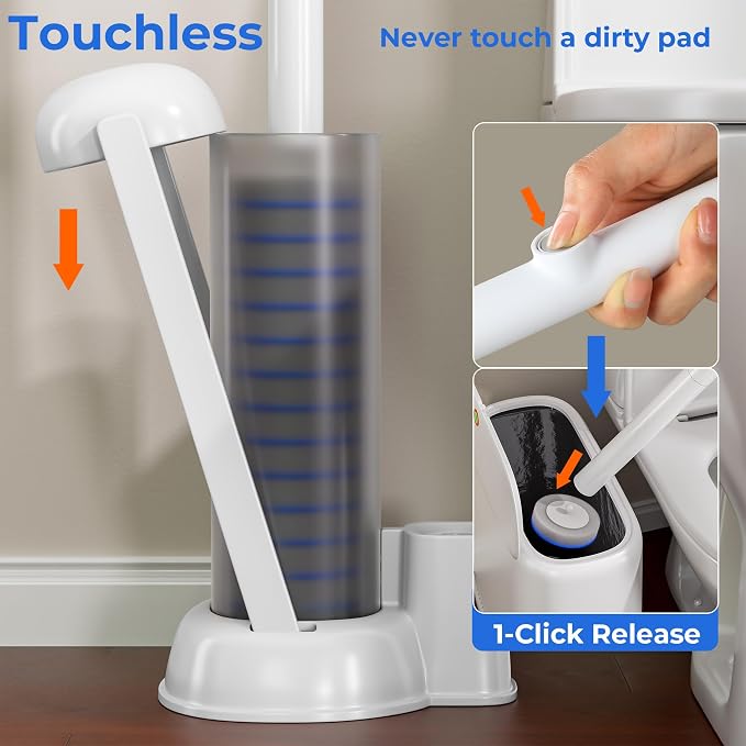 Disposable Toilet Brush Set with Caddy, 1 Handle, 54 Refills | Touch-free eject, secure-lock refill head, 17 in handle, auto-open floor caddy, 54 preloaded sponge refills for toilet bowls