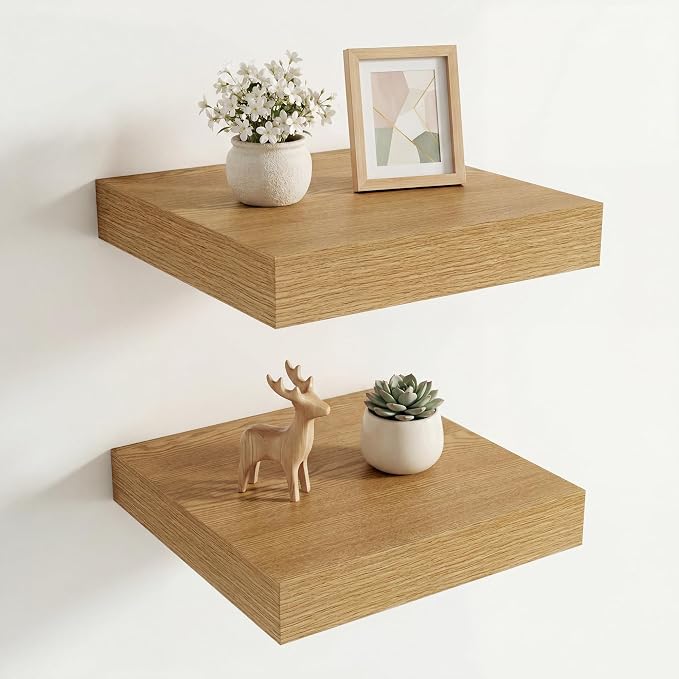 Vivelove Square Floating Shelves 12x12” Set of 2, Oak | Easy Install with Hardware, Invisible Brackets, No Sagging, Living Room Display Shelf, 2" Thick，Engineered Wood