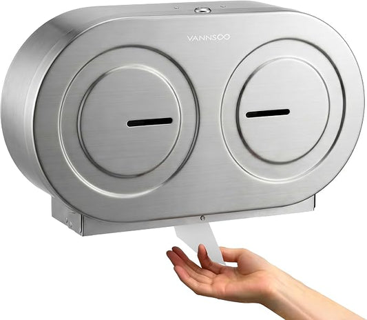 Twin Jumbo Toilet Paper Dispenser Wall Mount, 9" Commercial | Stainless Steel Double Roll Toilet Paper Holder, Industrial Large Tissue Dispenser with Lock, Brushed