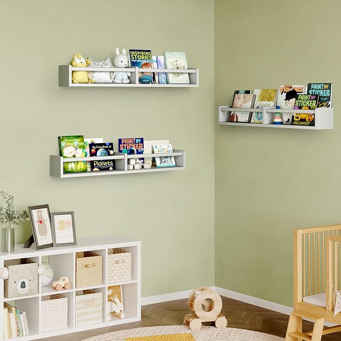 Fixwal Floating Nursery Book Shelves for Wall, 32in, Set of 3, White | Solid wood shelves store kids' books, toys and clothing. Fits kids' room, playroom, nursery, living room, bedroom & bathroom.