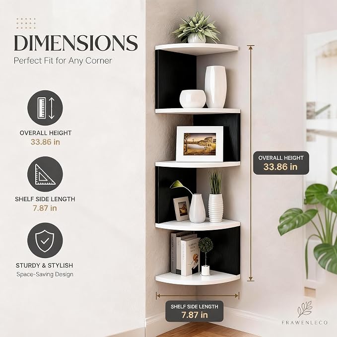 No-Drill Corner Shelf Wall Mount, 5-Tier Floating Corner Bookshelf with Hooks, Space-Saving Zigzag Plant Shelf for Bedroom, Living Room, Bathroom, Home Office(White & Black)