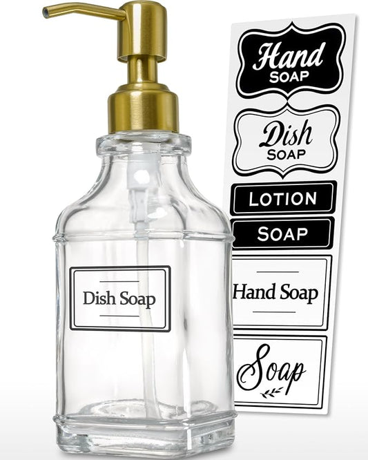 JASAI Antique Square Glass Soap Dispenser with Golden Rust Proof Pump, Refillable soap Dispenser with 10Pcs Stickers for Kitchen, Dish Soap Dispenser for Kitchen Bathroom Soap, Hand soap, Lotion. | Refillable Kitchen Soap Dispenser with Stainless Steel...