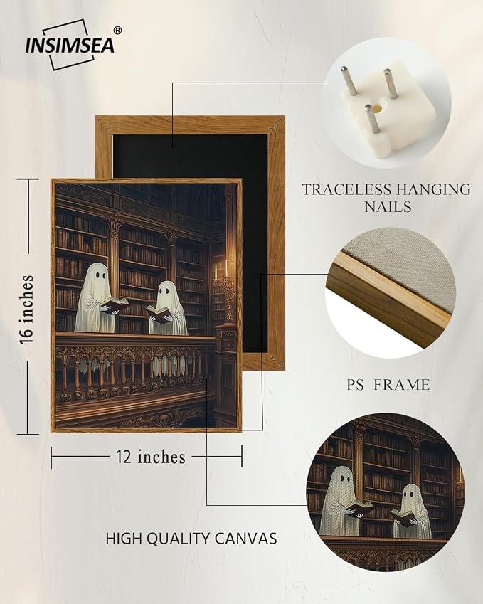 InSimSea Framed Canvas Prints Art Vintage Decor, Cute Reading Ghosts Library Painting, Moody Spooky Dark Academia Wall Art for Bathroom, Halloween Witchy Room Wall Cottagecore Decor, 12x16inch