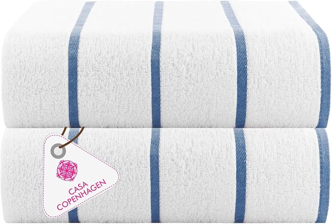 CASA COPENHAGEN Cabana Pool 2Pcs 100% Egyptian Cotton XL Designer Bathsheet Beach Towels Gift Set- White Ink Blue, 500GSM, 35"x70", Bath Sheet Beach Towels (Box Pack, Set for Women & Men)
