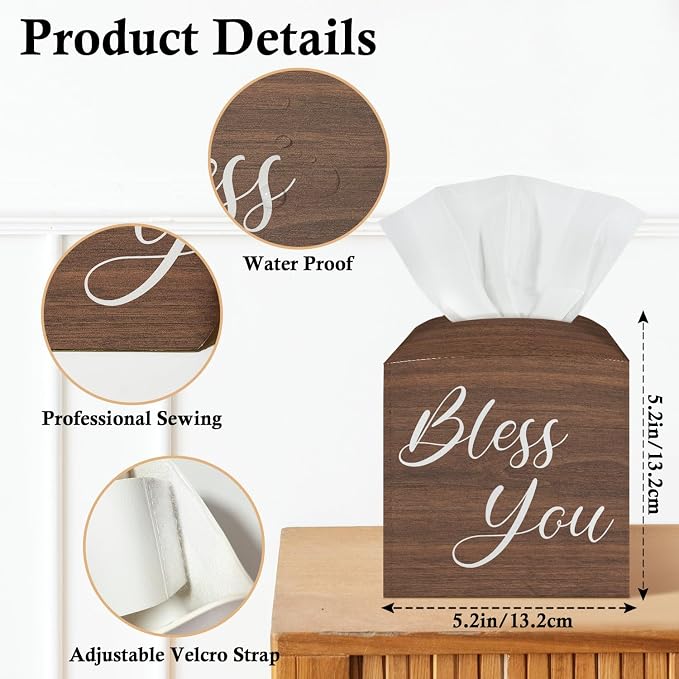 Bless You Tissue Box Covers Square, Wooden Board Texture Leather Tissue Box Holders Decorative for Car Nightstand Home Office Bathroom Organizer, Square Facial Paper Organizer Home Decor -021