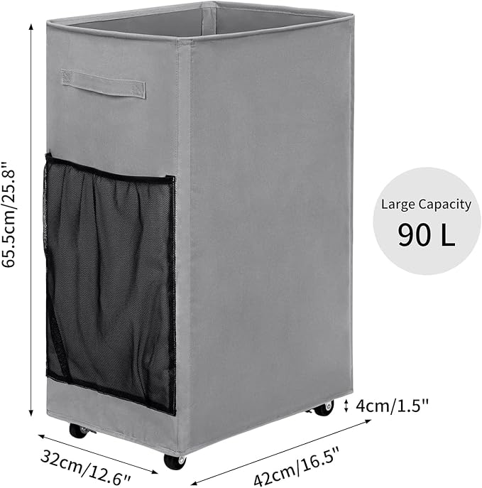 Chrislley Rolling Laundry Basket, 90L Foldable Laundry Hamper with Wheels | Collapsible Clothes Hamper Organizer with Breathable Side Pocket, Laundry Storage Cart for College Student, School Dorm,Grey