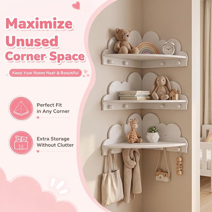 Novabright 3 Pcs Cloud Corner Floating Shelves for Nursery, 90 Degree Wall Mounted Corner Shelf with Hooks, Cute White Dispaly Shelves for Kids Rooms Home Decor - 2 No Hook, 1 with Hook