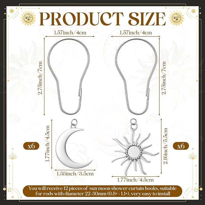 12 Pcs Sun Moon Celestial Shower Curtain Hooks Boho Theme Bathroom Decor Mystic Fantasy Goth Curtain Hooks Rings Vintage Bathroom Decoration(Boho,Silver)