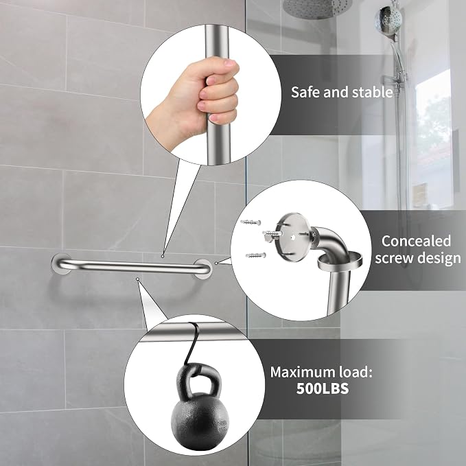 ZUEXT 16 Inch Brushed Nickel Bathroom Shower Grab Bar, Stainless Steel | Concealed Wall Mount Grab Bar Handle, Bathroom Balance Bar, Safety Hand Rail Support, Handicap Elderly Injury Seniors Assist