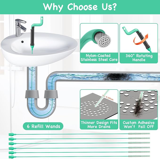 Drain Clog Remover Tool – 30”Anti-break Steel Sink Snake Hair Drain Cleaner Tool, Plumbing Snake with Rotating Handle & 6 Refills, Drain Hair Remover for Shower, Toilet, Kitchen Sink, Bathtub. 6-Pack