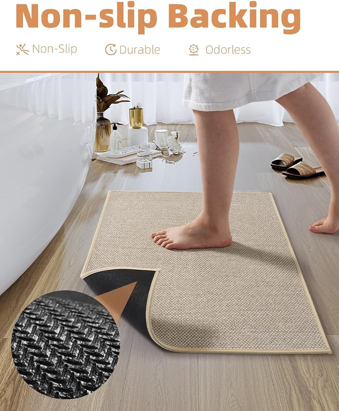 PADOOR Non-Slip Bath-Mats, Rubber-Backing Braided Absorbent Bathroom Mat Machine Washable Thin Bathroom Rugs Fit Under Door Quick Dry Bath Rugs for Floor, 24''x35'' Light Beige