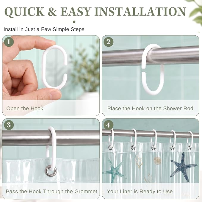 Clear Shower Curtain Liner, Starfish Seashell PEVA, 72x72 Inch | Ocean Sea Star Waterproof Bath Plastic Shower Curtains Set with 3 Weighted Magnets and 12 Hooks for Bathroom Decor