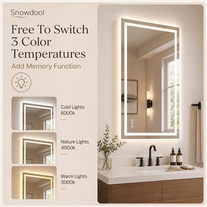 Snowdool 40 x 36 in RGB LED Bathroom Mirror, Front and Backlit, Anti-Fog | 8 RGB Backlight Modes, 3 Front Light Colors, Anti-Fog, Tempered Glass