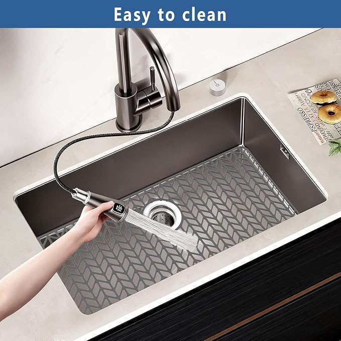 AWOKE Large Silicone Sink Protectors for Kitchen Sink, 30" x 16" Rear Drain Hole, Sink Mat for Bottom of Farmhouse Kitchen Stainless Steel Sinks, Raised Feet/Heat Resistant/Non-slip (Gray)