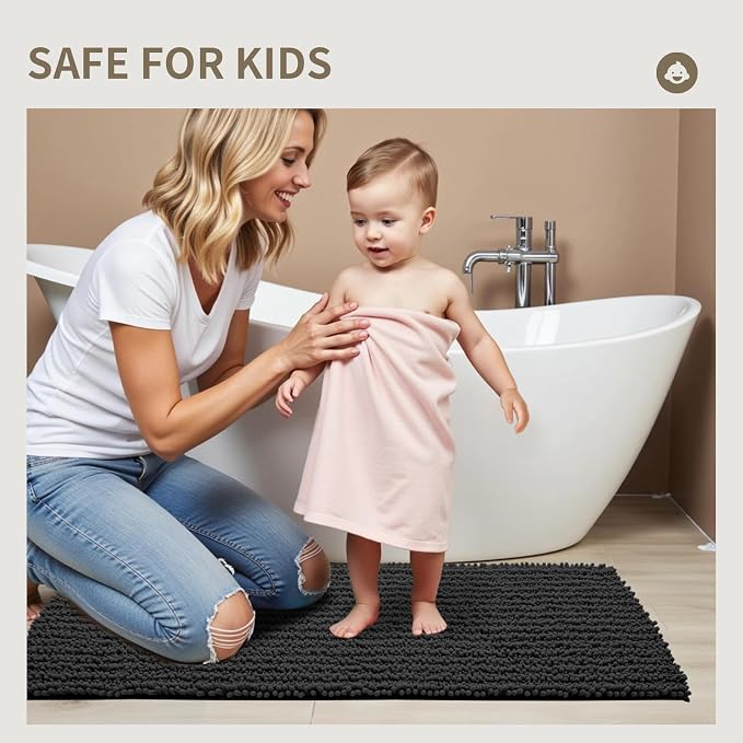 Bathroom Rugs Non Slip Washable, Extra Thick Soft Chenille Absorbent Bath Mat, High Density Barrier Non Slip Backing, Quick Dry Plush Shaggy Floor Carpet for Tub&Shower 24x17, Darkgrey