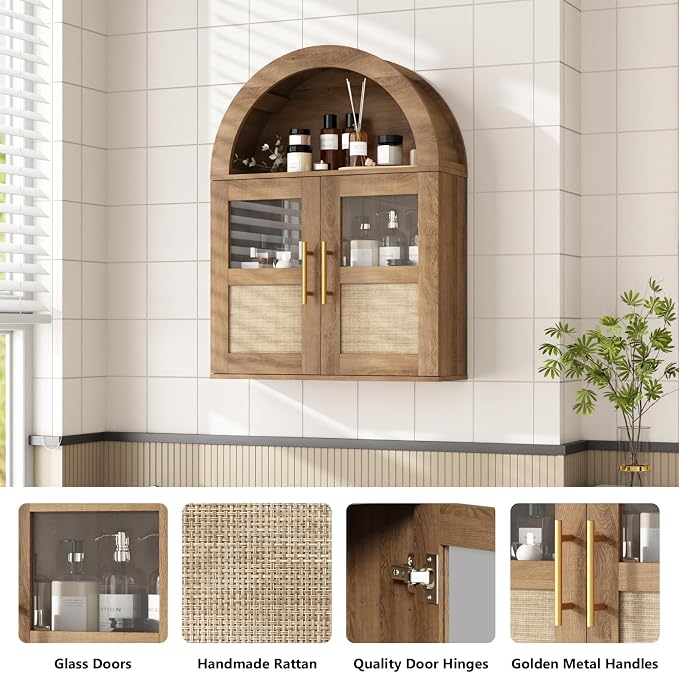 RUSTOWN Arched Bathroom Wall Cabinet with 2 Glass & Rattan Doors | Rattan Medicine Cabinet, Farmhouse Over the Toilet Storage Cabinet, Adjustable Shelves, 3-Tier Wall Mounted Cabinets