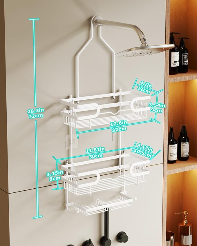 HapiRm Bathroom Hanging Shower Caddy - Rustproof Shower Shelf with 12 Hooks and 2 Soap Holders, No Drilling Bathroom Organizers and Storage - White