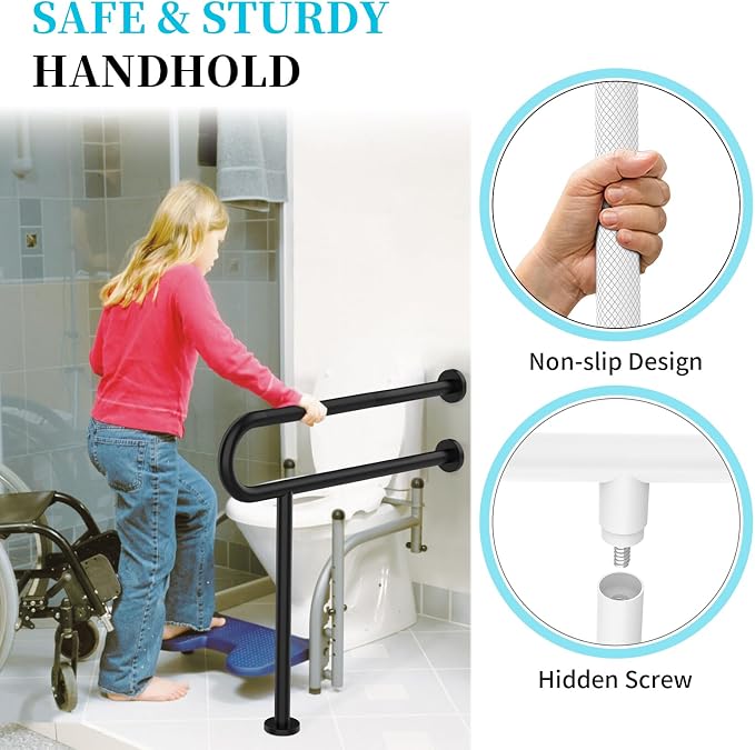 Toilet Support Rail 32 Inch, Munzong Black Handicap Grab Bar Seniors | Anti-Slip Stainless Steel Knurled Safety Handrails with Leg for Elderly Bathroom Disabled Pregnant-1.25’Tube