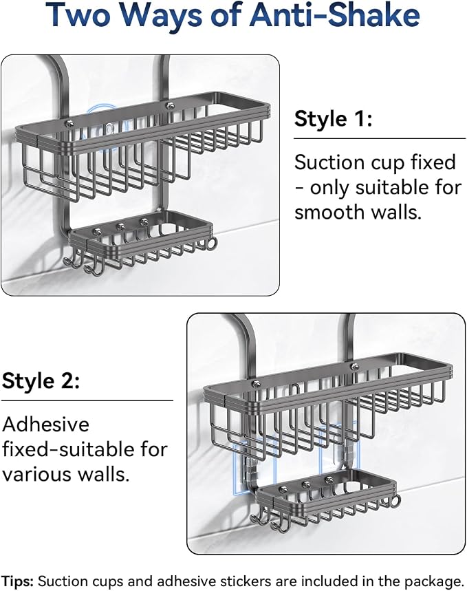 Never Rust Shower Caddy Hanging, Aluminum Shower Racks for Inside Shower, 3-Tier Shower Organizer Hanging Over Shower Head with Hooks and Soap Holder, Grey