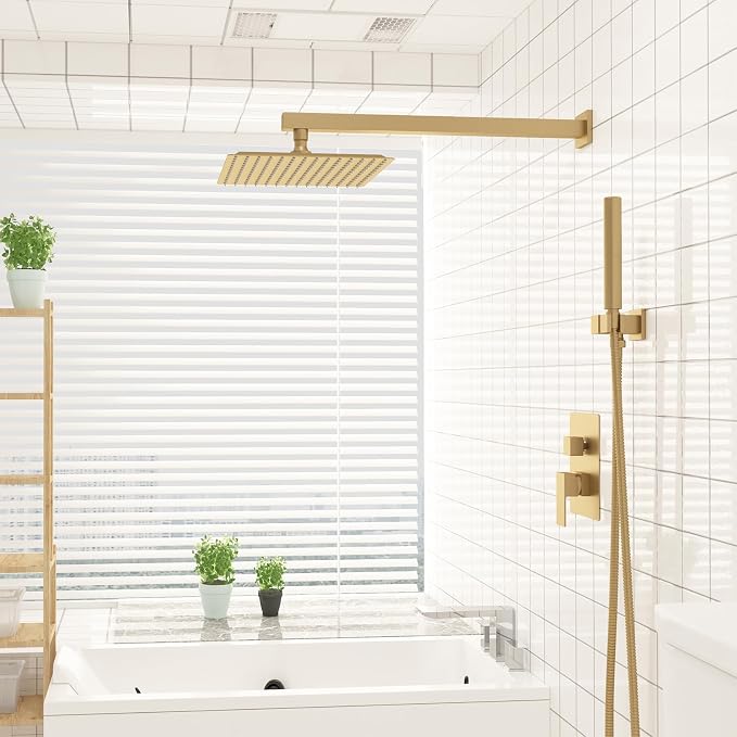 10 In Rain Shower Head High Pressure Rainfall Shower Head Brushed Gold | Square Rain Bathroom Showerhead, High Flow, Large Stainless Steel, Ceiling Mounted, Wall Mounted, Waterfall Full Body