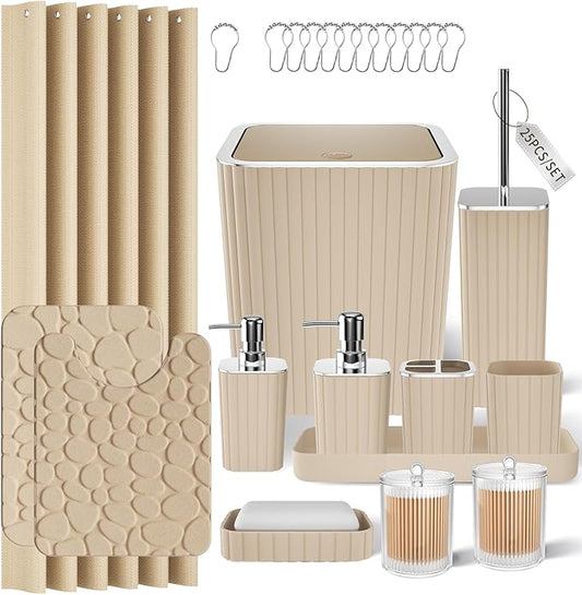 XLHOMO Bathroom Accessories Set - 25PC Bathroom Sets with Shower Curtain and Rugs, Beige Bathroom Set with Trash Can, Soap Dispenser, Soap Dish & Toilet Brush
