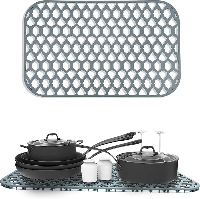 Silicone Sink Protector Mats for Multi-Size Kitchen Sink(25"x15.7") | Flexible and durable, heat-resistant, machine washable, non-slip, gray grid.