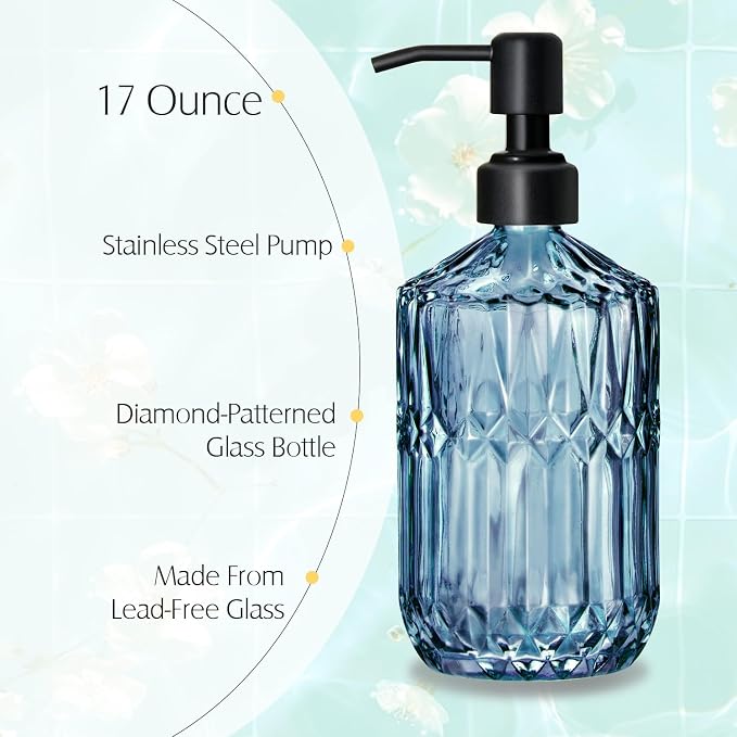 COHOSEGE 17 Oz Blue Glass Kitchen Soap Dispenser for Dish Soap, 2 Pack Bathroom Soap Dispenser Set with Black Rust Proof Pump for Lotion, Hand soap or Body Wash