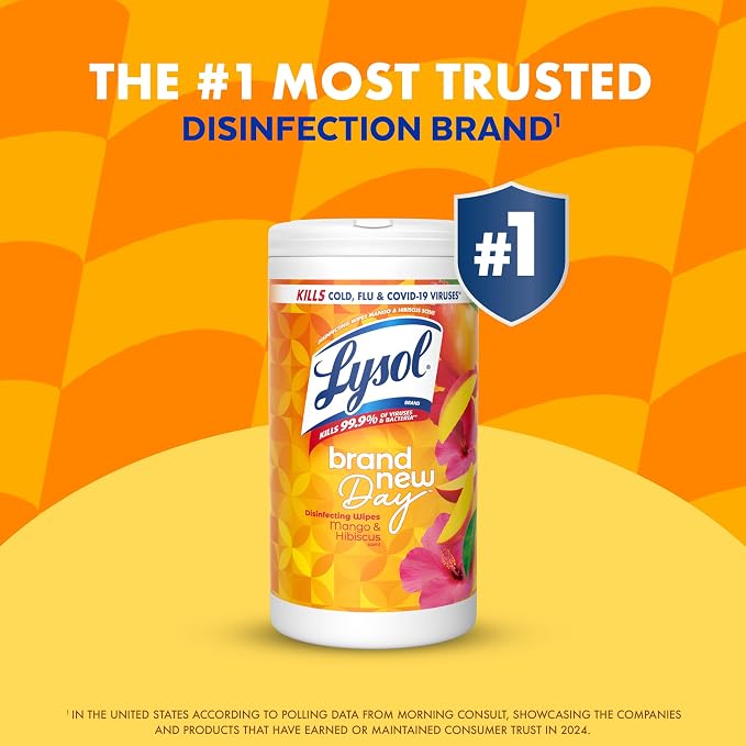 Lysol Disinfecting Wipes, Multi-Surface Cleaner, Mango, 80 ct. | All Purpose Cleaner, Sanitizing, Deodorizing, Apartment Essentials, Back To School Cleaning Supplies, Kitchen & Bathroom Wipe