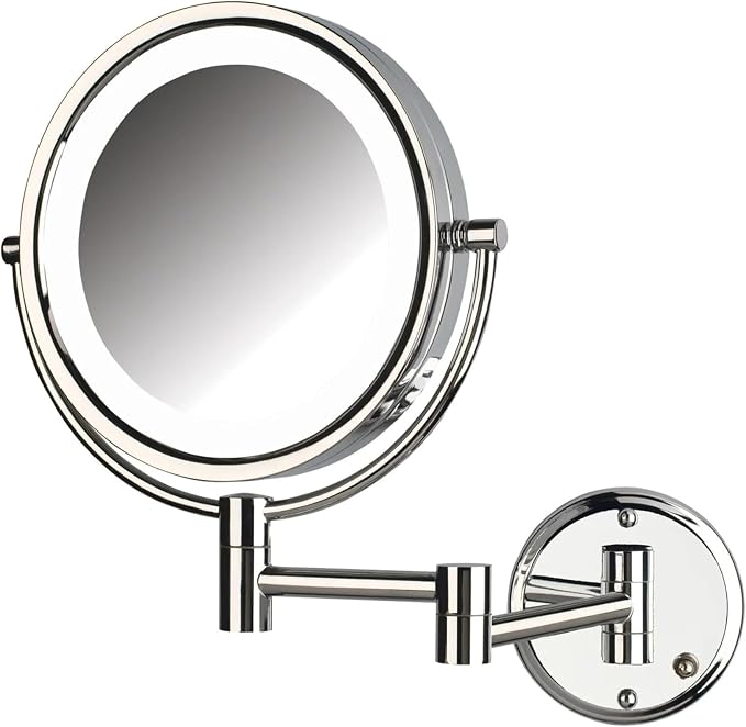 JERDON Hardwired Wall-Mount Makeup Mirror - 8X/1X - Chrome - HL88CLD | 8.5" Round Frame, 13.5" Wall Arm, LED Lighting, Direct Wire Installation
