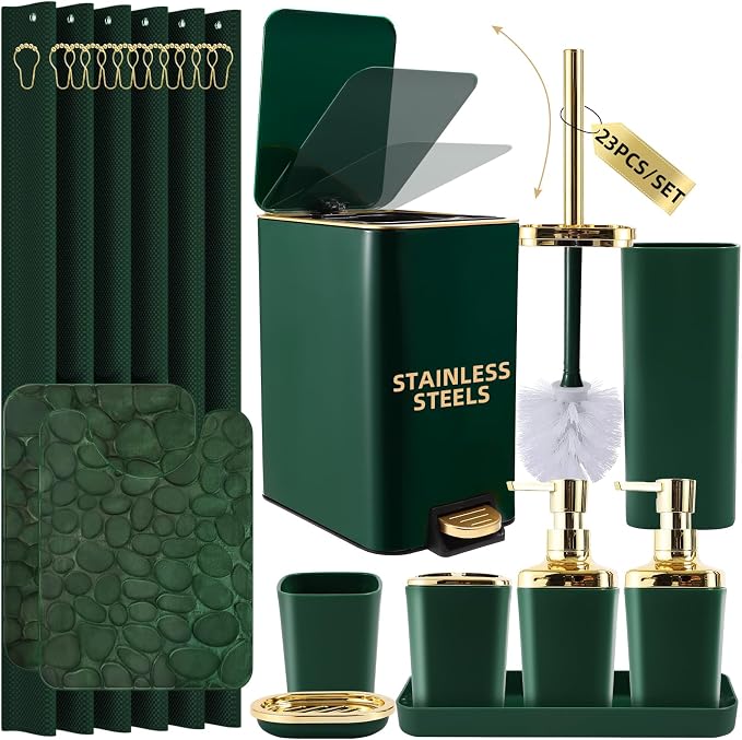 Bathroom Sets with Shower Curtain and Rugs Bathroom Accessories Set Dark Green Bathroom Set,Soap Dispenser & Toilet Brush Holder Set with Stainless Steel Trash Can(23 PCS)