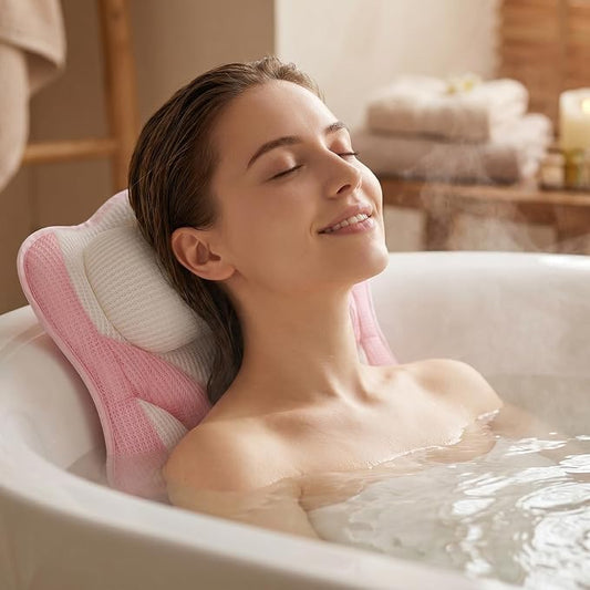 Pink White Bath Bathtub Pillows for Tub Head and Neck Pillow. | Bath Pillows for Tub with Soft 5D Breathable Mesh Fabric Nonslip Suction Cups,Women`s Relaxing Bath Accessories Spa Gifts.